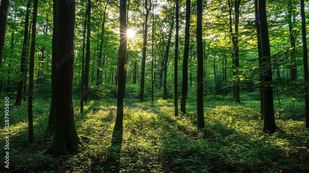 Obraz premium A woodland filled with tall trees and dense underbrush, where sunlight and shadows dance across the ground.