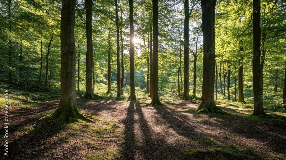 Obraz premium A woodland filled with tall trees and dense underbrush, where sunlight and shadows dance across the ground.