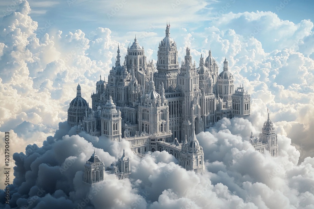 Fototapeta premium City of clouds with towering skyscrapers and serene blue sky at sunset