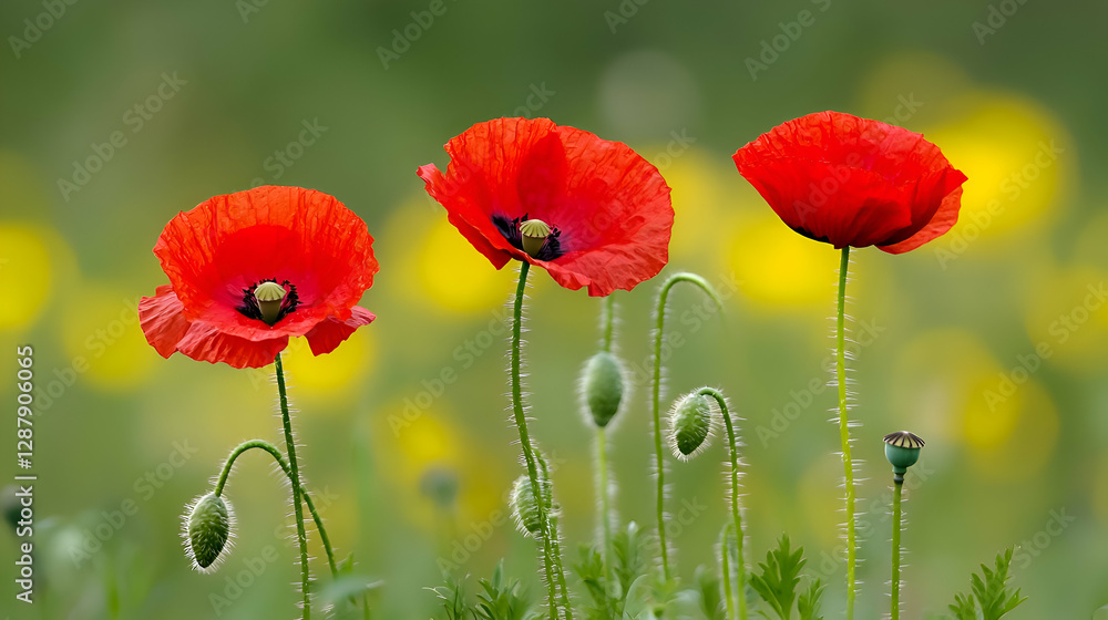 Naklejka premium Three Red Poppies in a Yellow and Green Field