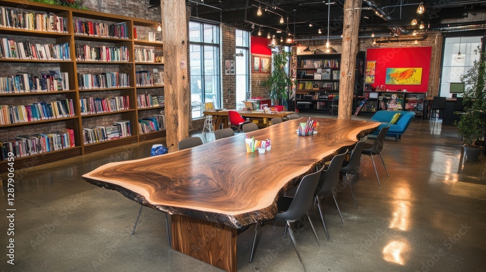 custom made wallpaper toronto digitalCozy and creative meeting space with warm wooden tables, a bookshelf, and stylish chairs.