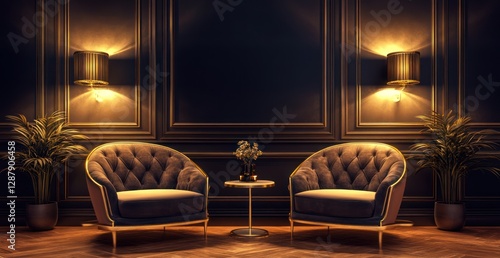 Elegant Dark Living Room Interior Design with Two Velvet Armchairs and Golden Accents