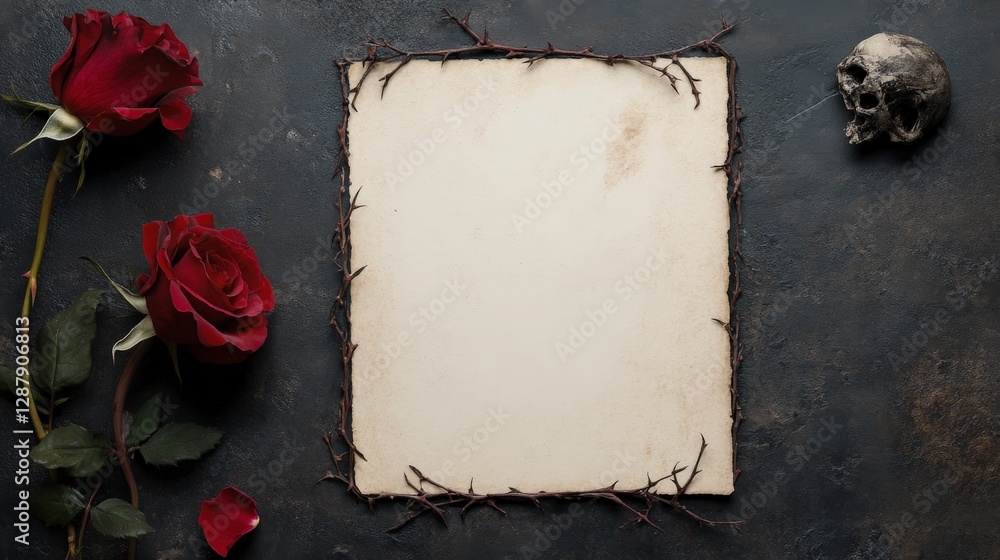 Dark aesthetic still life featuring two red roses, an antique paper with thorny border, and a skull. Mysterious and moody. Dark aesthetic still life featuring two red roses, an antique paper with thorny border, and a skull. Mysterious and moody.