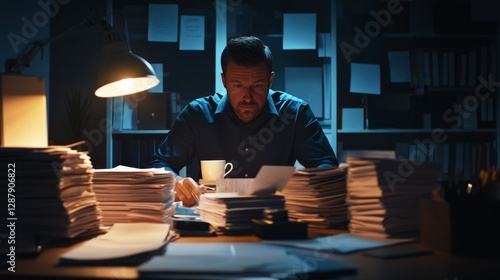 A criminal investigation officer working late at a desk filled with case files. Featuring long hours and dedication