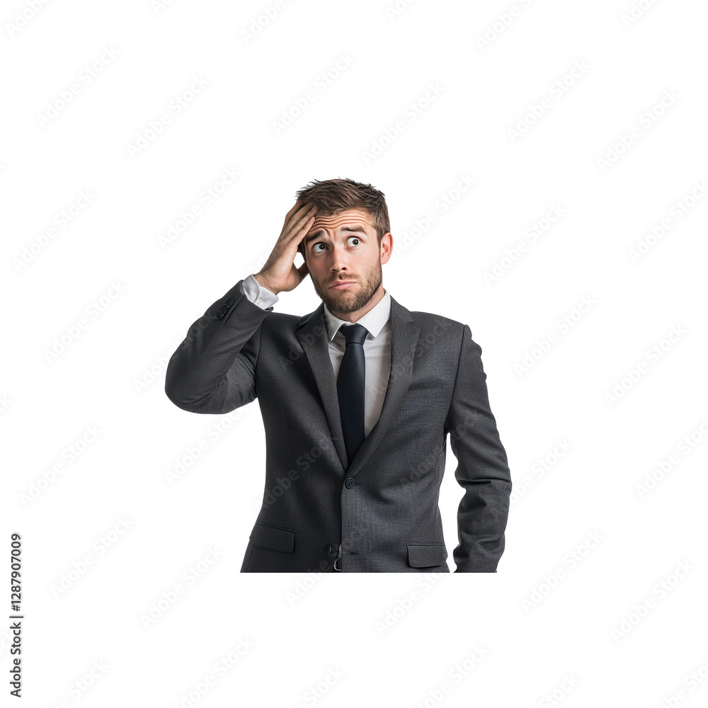 Young businessman looking confused and scratching head in office Young businessman looking confused and scratching head in office