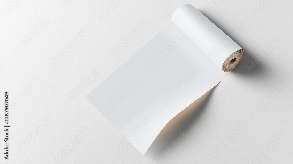 Minimalistic roll of blank paper on a clean white surface. Concept for design and creativity. Minimalistic roll of blank paper on a clean white surface. Concept for design and creativity.