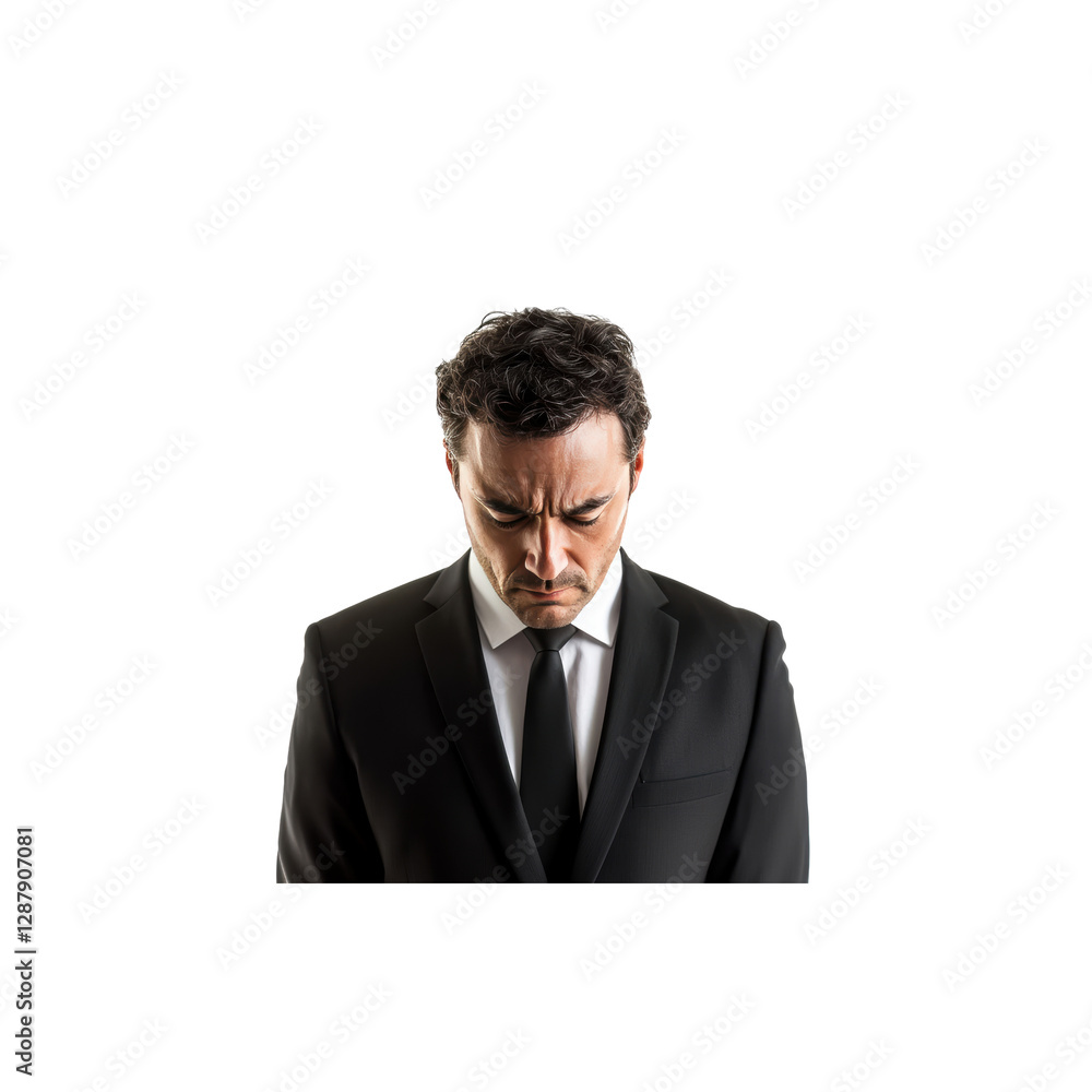 Man in Suit with Pensive Expression Against White Background Man in Suit with Pensive Expression Against White Background