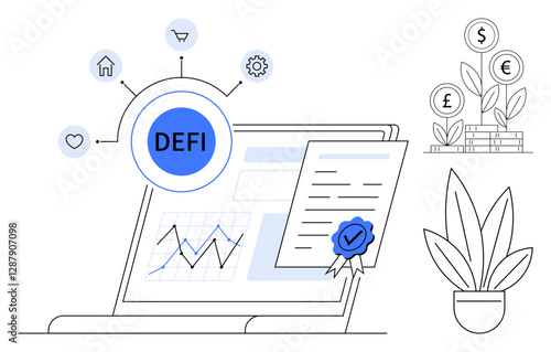 Decentralized finance DeFi concept with a laptop showcasing a financial document and growth charts. Investment icons including currency symbols and gears surround the laptop. Ideal for fintech