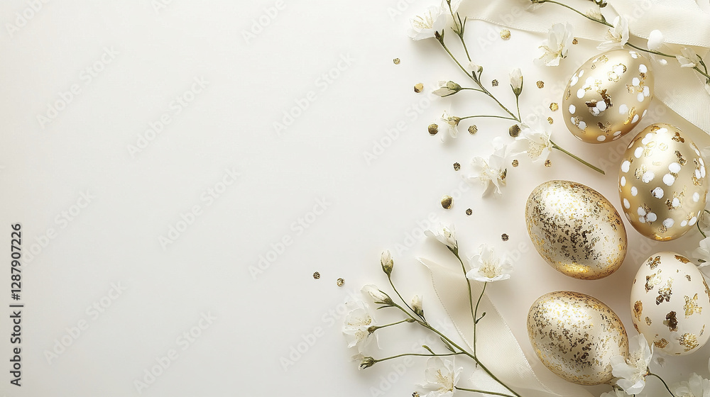 Obraz premium Elegant Easter eggs with gold accents and flowers on light background