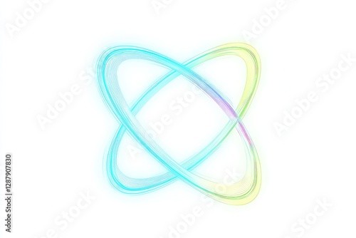 A digital vector of an atom with electric blue and green neon outlines, isolated on a white background for a sharp contrast.