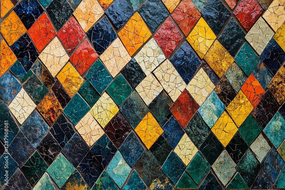 Colorful mosaic pattern featuring diverse geometric shapes in a vibrant design