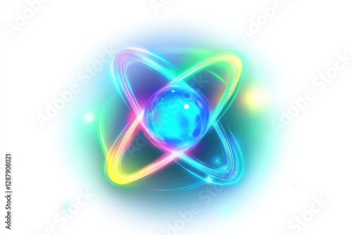 A digital vector of an atom with electric blue and green neon outlines, isolated on a white background for a sharp contrast.