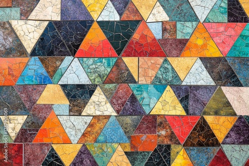 Colorful mosaic pattern featuring diverse geometric shapes in a vibrant design