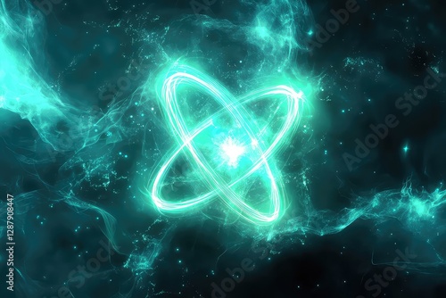 A digital vector of an atom with electric blue and green neon outlines, isolated on a white background for a sharp contrast.