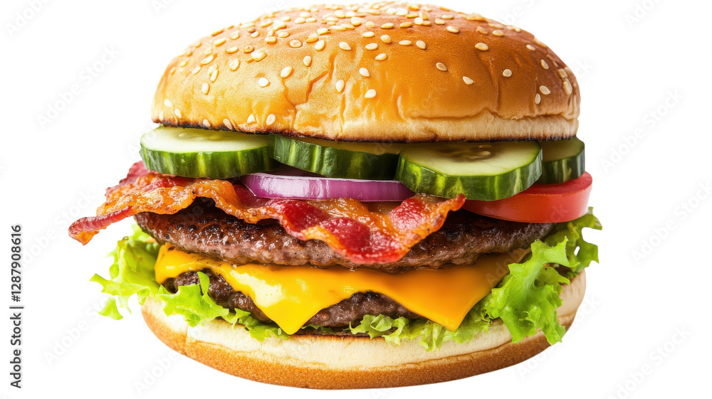 Juicy burger with bacon, cheese, fresh vegetables, and sesame seed bun ready to enjoy at a casual dining spot Juicy burger with bacon, cheese, fresh vegetables, and sesame seed bun ready to enjoy at a casual dining spot