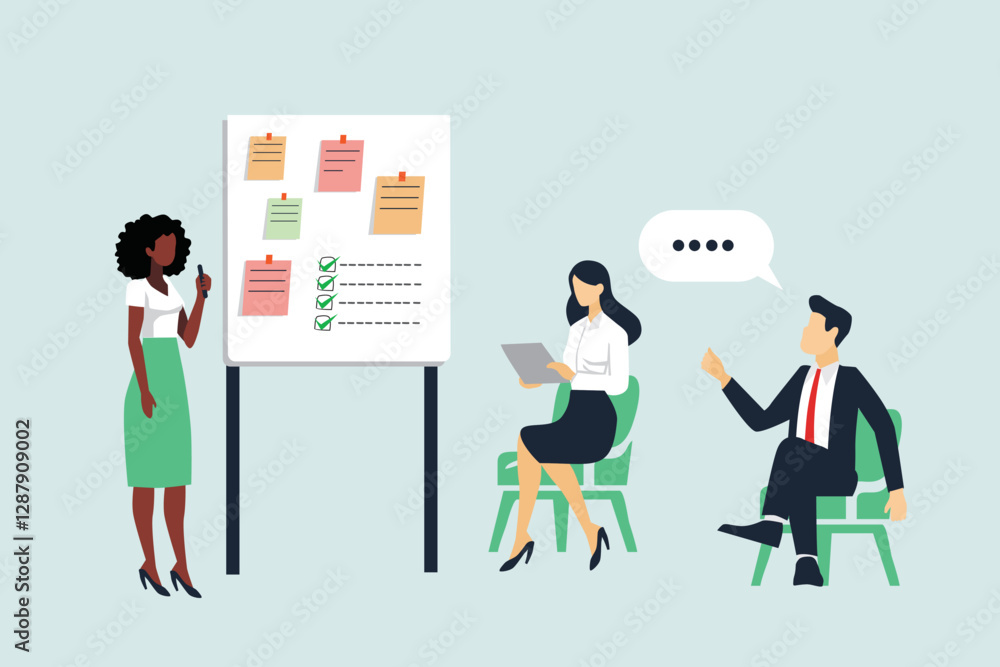 Business Workshop Concept. Vector cartoon illustration of a group of diverse people with a woman standing in front of them next to a board with stickers. Isolated on background Business Workshop Concept. Vector cartoon illustration of a group of diverse people with a woman standing in front of them next to a board with stickers. Isolated on background