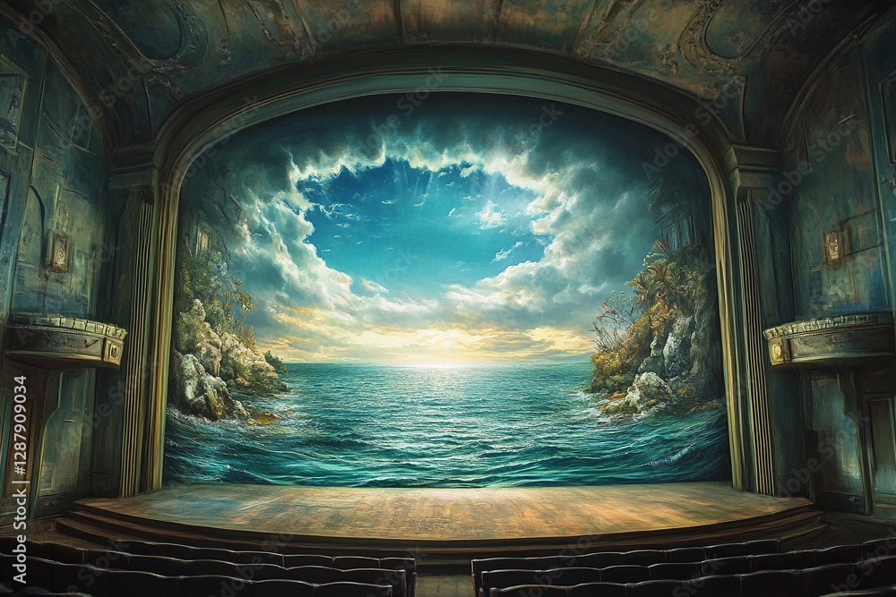 Fototapeta premium Dramatic theater stage with giant ocean waves crashing in a surreal artistic display