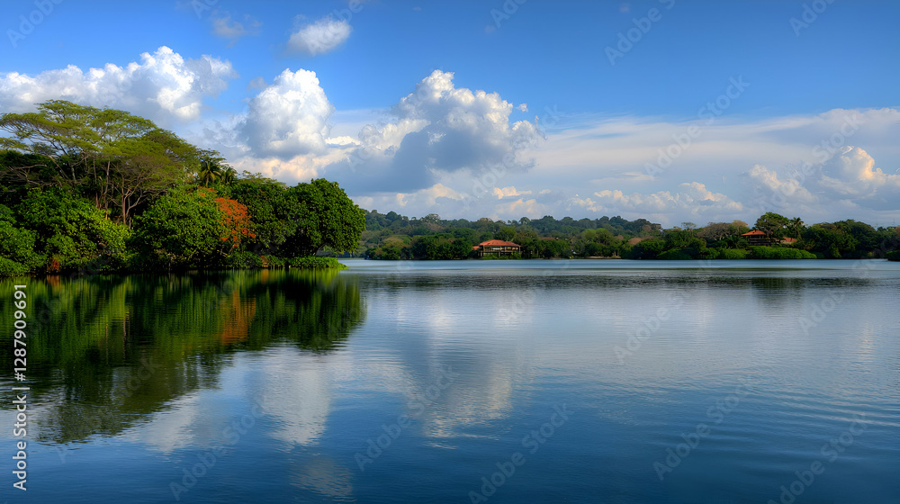 Serene Tropical Lake Landscape with Lush Green Trees and Blue Sky Serene Tropical Lake Landscape with Lush Green Trees and Blue Sky