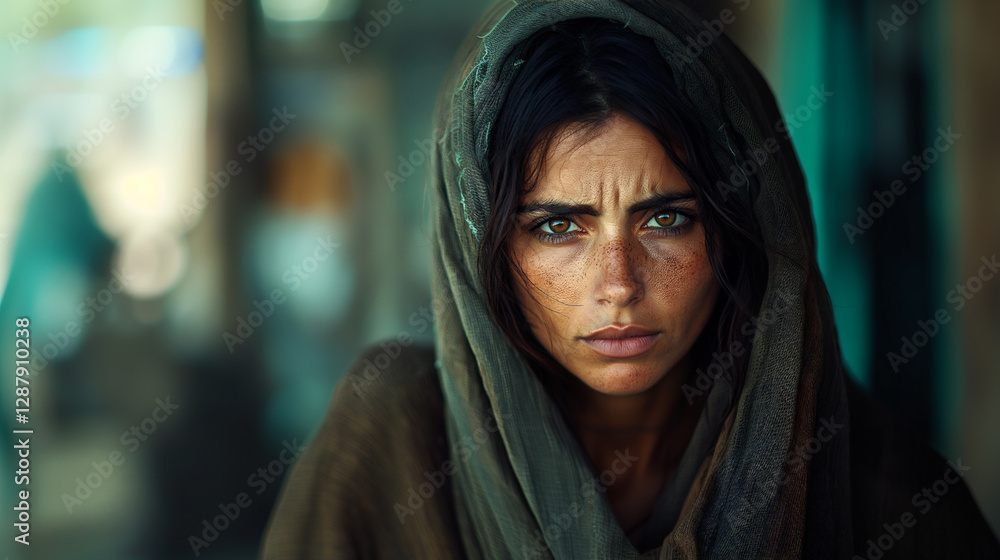 Sad Arab woman with striking green eyes wrapped in a headscarf, displaying deep emotions and resilience in a rustic setting Sad Arab woman with striking green eyes wrapped in a headscarf, displaying deep emotions and resilience in a rustic setting