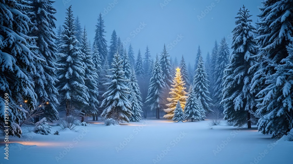 Naklejka premium Snow-covered trees glittering with twinkling lights in a magical winter wonderland forest setting, winter wonderland, snowy forest, festive