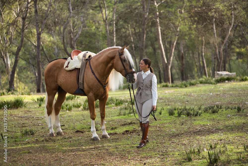 Young woman dressed as a horsewoman, looking at and lovingly stroking her beautiful brown horse with white mane, in the middle of a forest. Concept animals, horse riding, equestrian, horse. Young woman dressed as a horsewoman, looking at and lovingly stroking her beautiful brown horse with white mane, in the middle of a forest. Concept animals, horse riding, equestrian, horse.