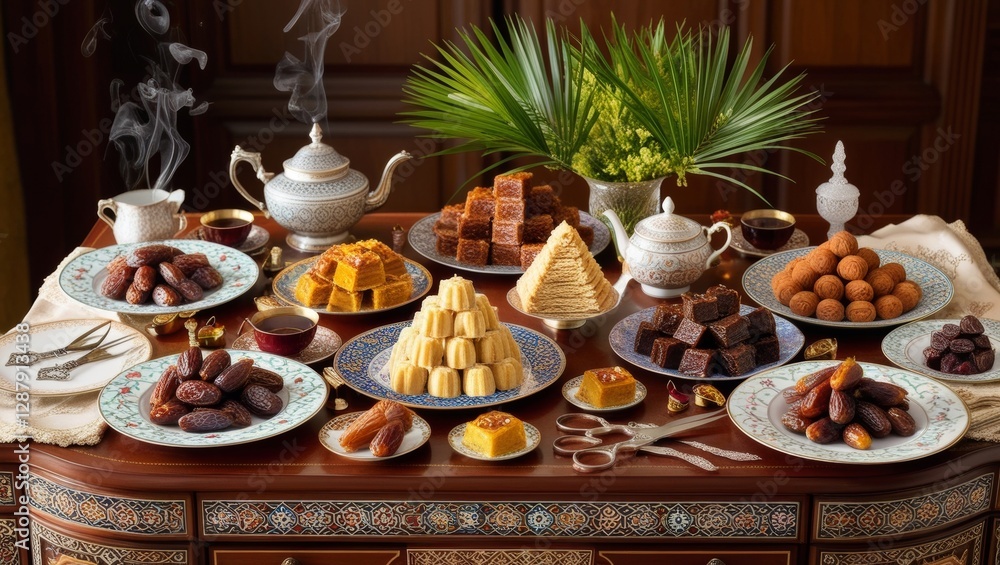 Fototapeta premium A table full with middle eastern food for Ramadan or Eid Al Fitr
