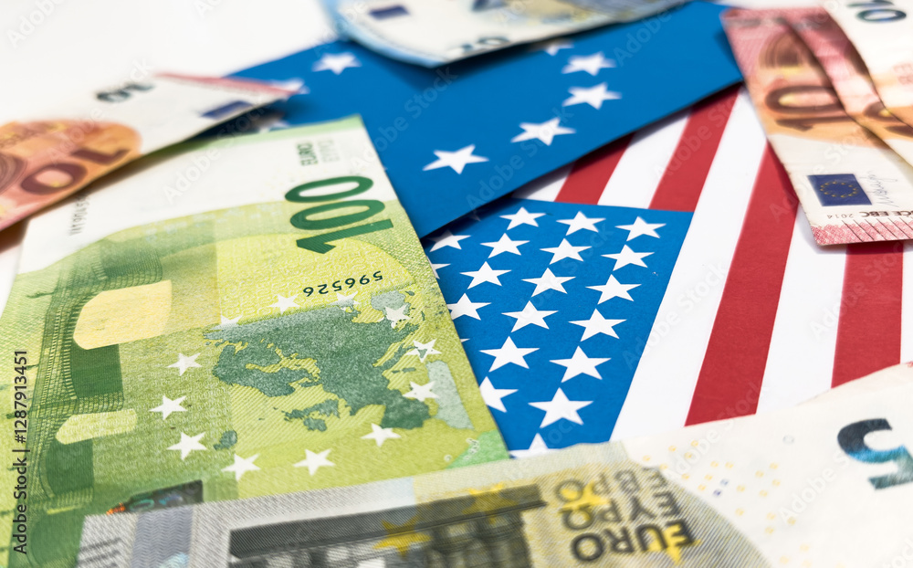 Fototapeta premium us and european union flags with euro and dollar banknotes 
