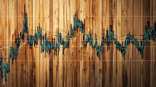Digital stock market graph with wood texture background and sharp trend lines