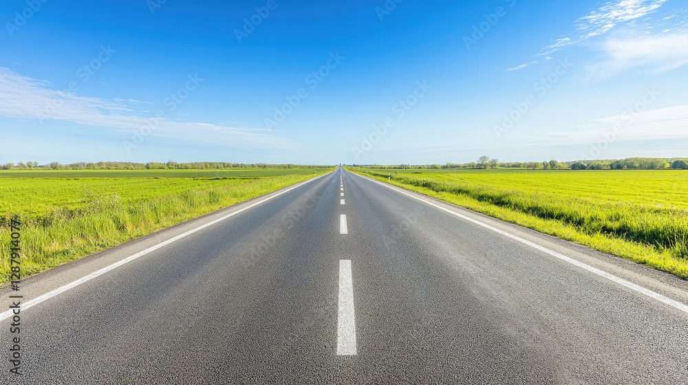 Fototapeta premium Wide road into distance, flanked by green fields and blue sky. High-definition, horizontal composition. Serene beauty.