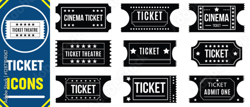 Ticket icon set. ticket cinema movie theater film vector icon. ticket glyph icon. Ticket admit icon set. Movie ticket stub sign. Line raffle ticket icon.