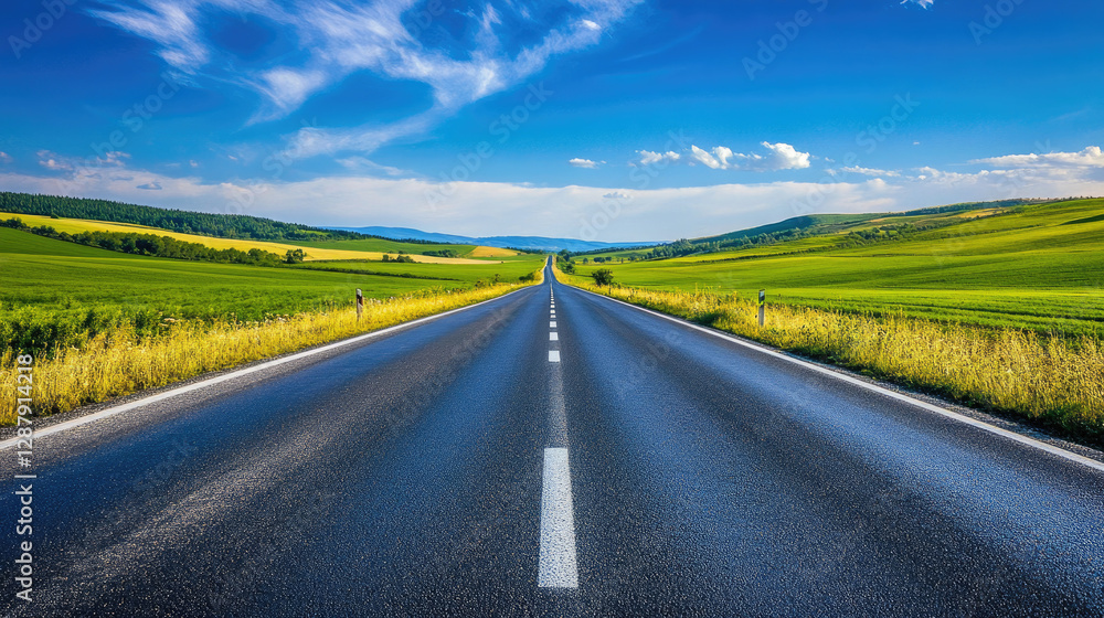 Wide road into distance, flanked by green fields and blue sky. High-definition, horizontal composition. Serene beauty. Wide road into distance, flanked by green fields and blue sky. High-definition, horizontal composition. Serene beauty.
