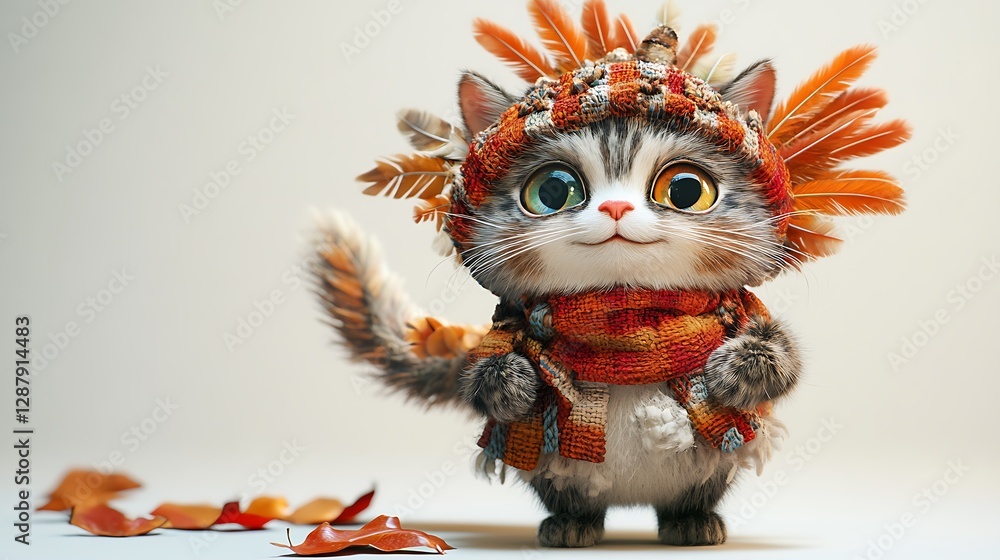 Fototapeta premium Playful cat in autumn scarf indoor cute animal portrait whimsical