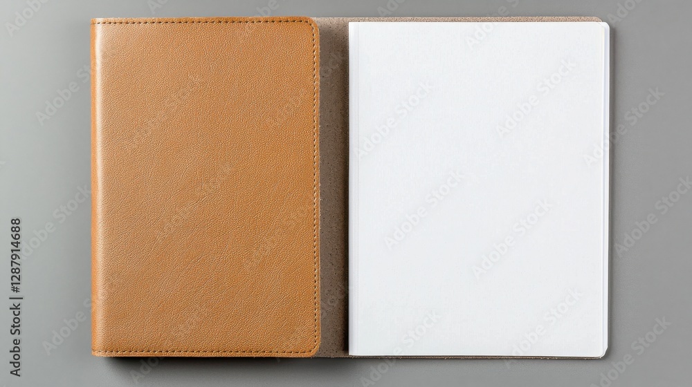 Fototapeta premium Top view of an open notebook with a brown cover and blank pages on a gray background.