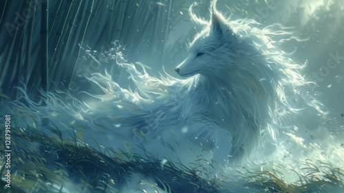 Mythical creatures. cunning kitsune with fur as white as freshly fallen snow and nine shimmering tails gracefully leaps through a moonlit bamboo forest. The kitsune's tails sway playfully