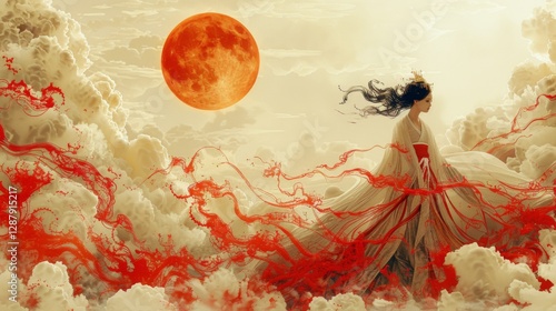 Mythical creatures. Japan myth. close up shot of Amaterasu Omikami, the radiant goddess of sun, emerges from the celestial clouds, her golden aura illuminating the heavens. art nouveau 2d style image