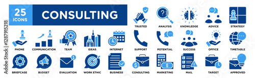 Consulting icon collection set. Containing design Trusted, Analysis, Knowledge, Advice, Strategy	