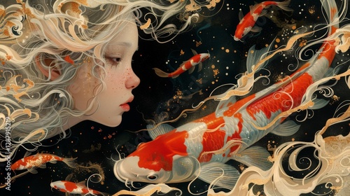 Mythical creatures. art nouveau 2d style image of A siren and koi fish