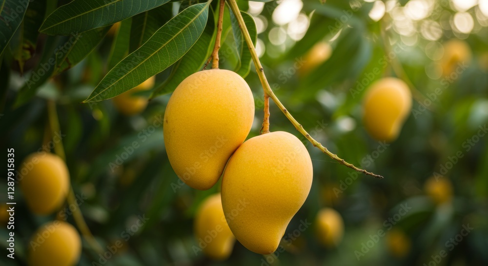 Lush Mango Orchard, A Close-Up of Ripe Golden Mangoes Hanging on a Tree Branch Lush Mango Orchard, A Close-Up of Ripe Golden Mangoes Hanging on a Tree Branch