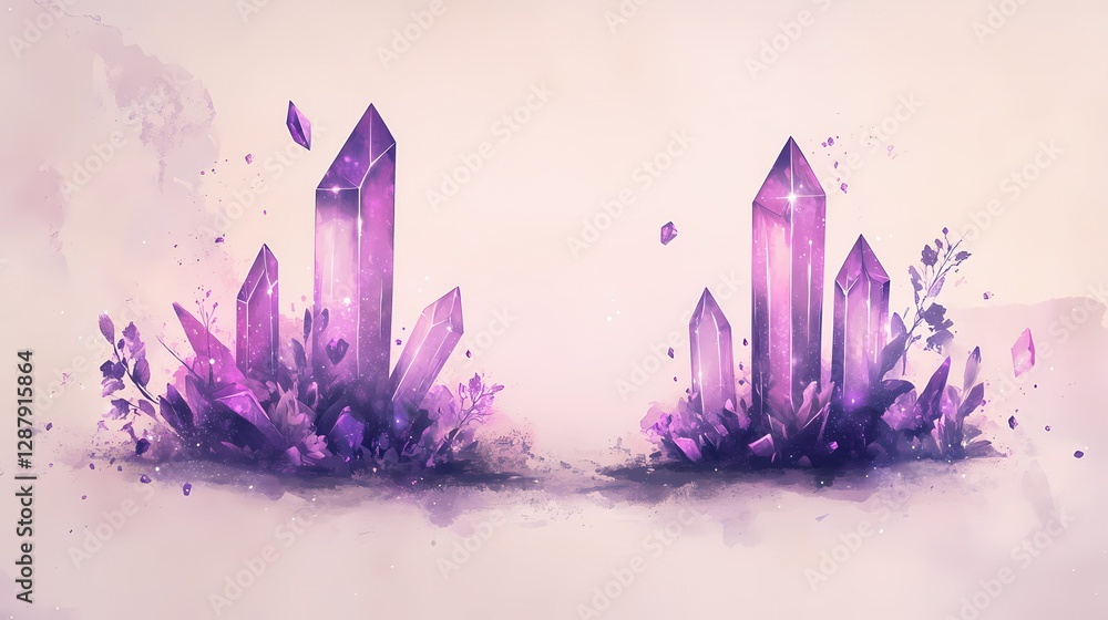 Enchanted Amethyst Clusters: Two shimmering amethyst formations rise from a bed of delicate purple flowers, creating a magical scene. Enchanted Amethyst Clusters: Two shimmering amethyst formations rise from a bed of delicate purple flowers, creating a magical scene.