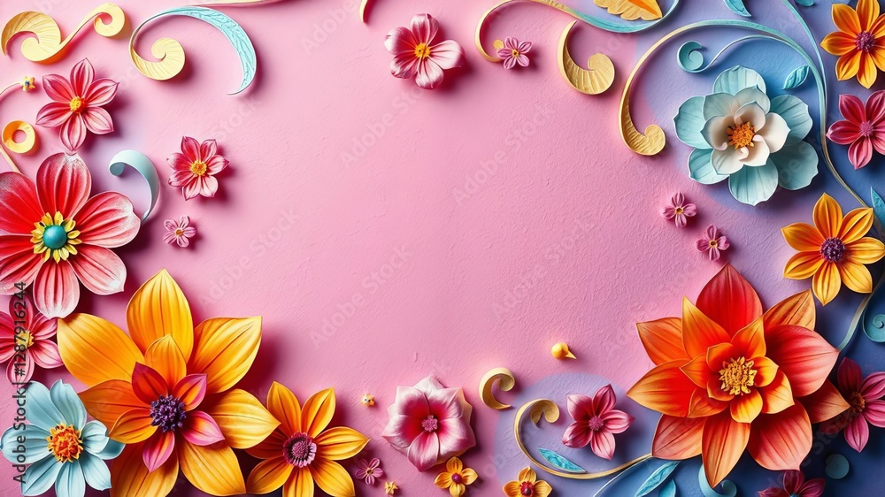 Swirling arrangement of colorful paper cut flowers with intricate detailing and gradients, detailing, gradients, vivid Swirling arrangement of colorful paper cut flowers with intricate detailing and gradients, detailing, gradients, vivid