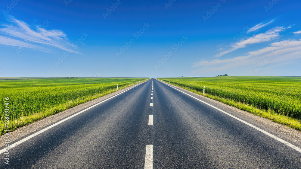 Wide road into distance, flanked by green fields and blue sky. High-definition, horizontal composition. Serene beauty. Wide road into distance, flanked by green fields and blue sky. High-definition, horizontal composition. Serene beauty.