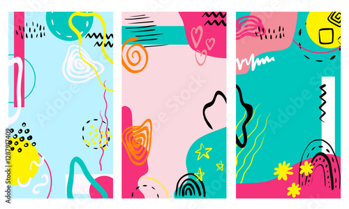 Vibrant Abstract Geometric Background Set with Playful Shapes and Colorful Elements – Trendy Minimalist Design for Social Media, Posters, Prints, and Creative Branding