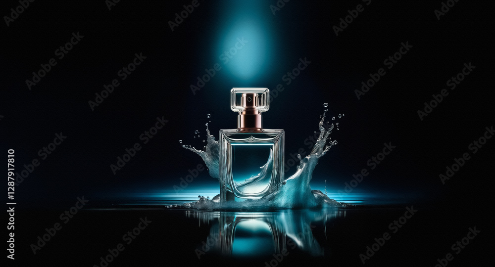 Elegant glass perfume bottle with a silver cap and copper detail is dramatically showcased with a splash of liquid on a reflective dark surface under a bright blue spotlight. Elegant glass perfume bottle with a silver cap and copper detail is dramatically showcased with a splash of liquid on a reflective dark surface under a bright blue spotlight.