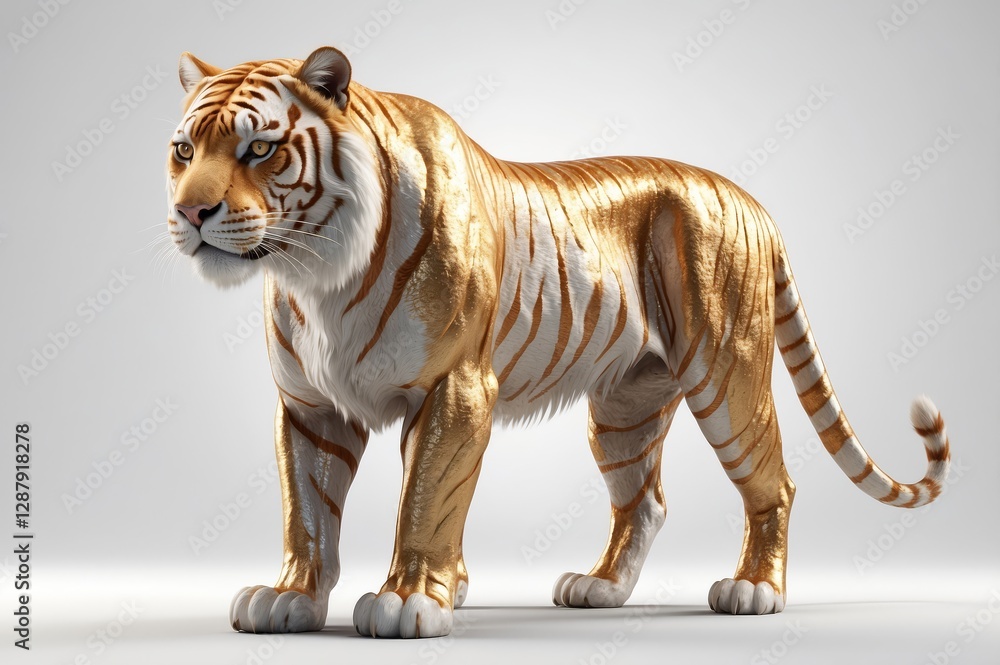 Fototapeta premium Golden tiger, standing, side view, 3D render.