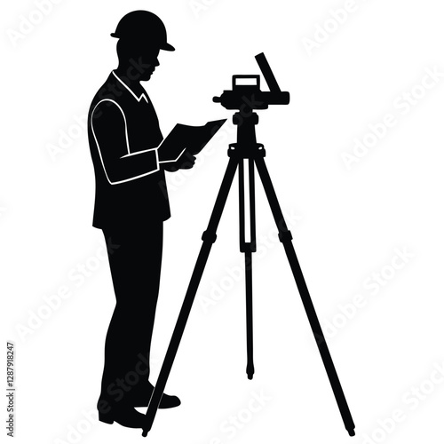 A civil engineer is setting up a theodolite surveying tool, carefully adjusting the instrument 