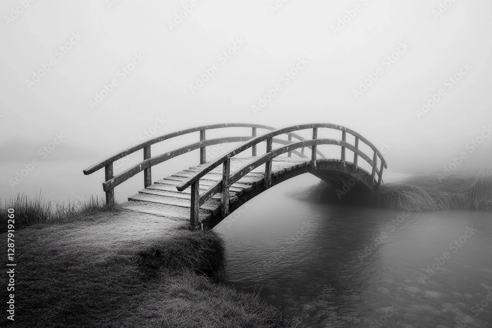 Misty wooden bridge leads to a lonely tree on a rocky island during early morning fog Misty wooden bridge leads to a lonely tree on a rocky island during early morning fog