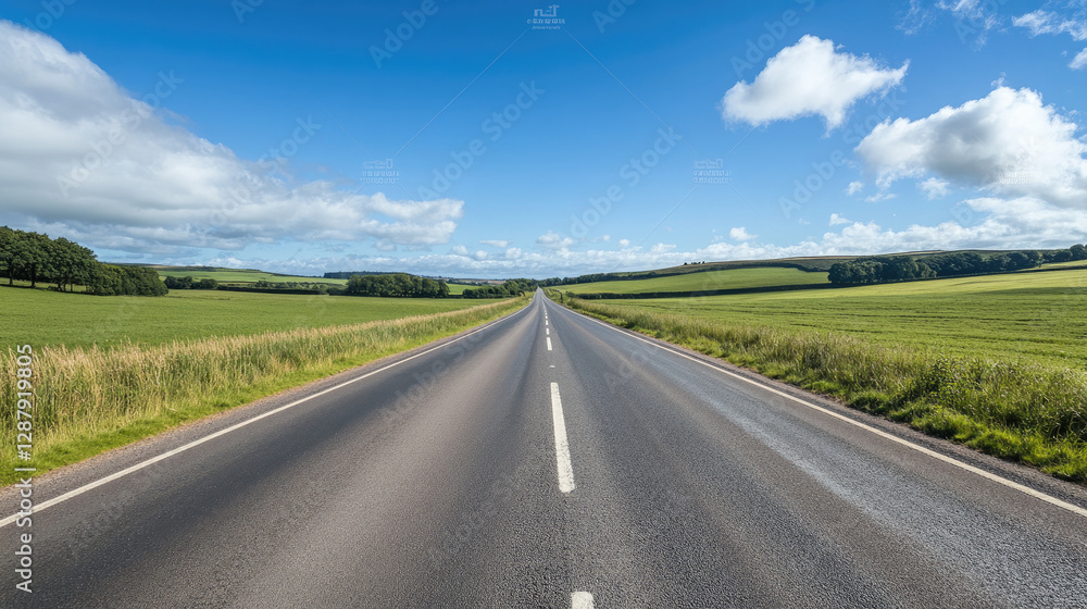 Wide road into distance, flanked by green fields and blue sky. High-definition, horizontal composition. Serene beauty. Wide road into distance, flanked by green fields and blue sky. High-definition, horizontal composition. Serene beauty.