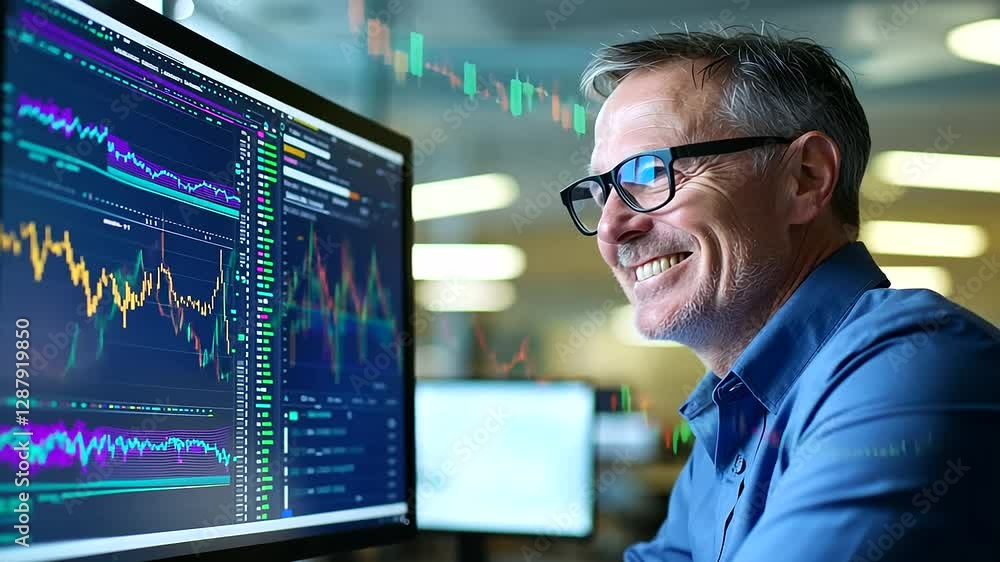 Experienced trader analyzing market trends on a high-tech interactive screen in a sleek office setting. Experienced trader analyzing market trends on a high-tech interactive screen in a sleek office setting.
