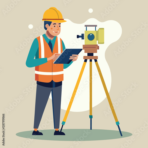 A civil engineer is setting up a theodolite surveying tool, carefully adjusting the instrument 