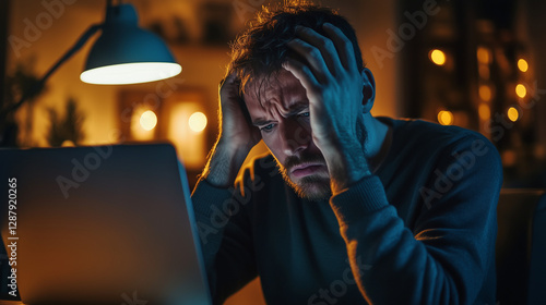 A stressed man nervously looks at his computer or laptop in horror, a victim of revenge porn, cyberstalking, fraud or blackmail, gambling or debt. Wide landscape format 25:14